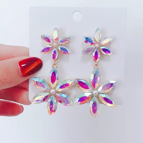 Women Crystal Flower Long Shining Earring - Picture 3 of 6